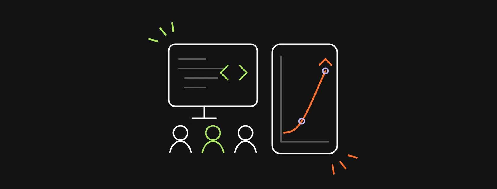A small team of engineers working on one product, with a rising line showing value over time