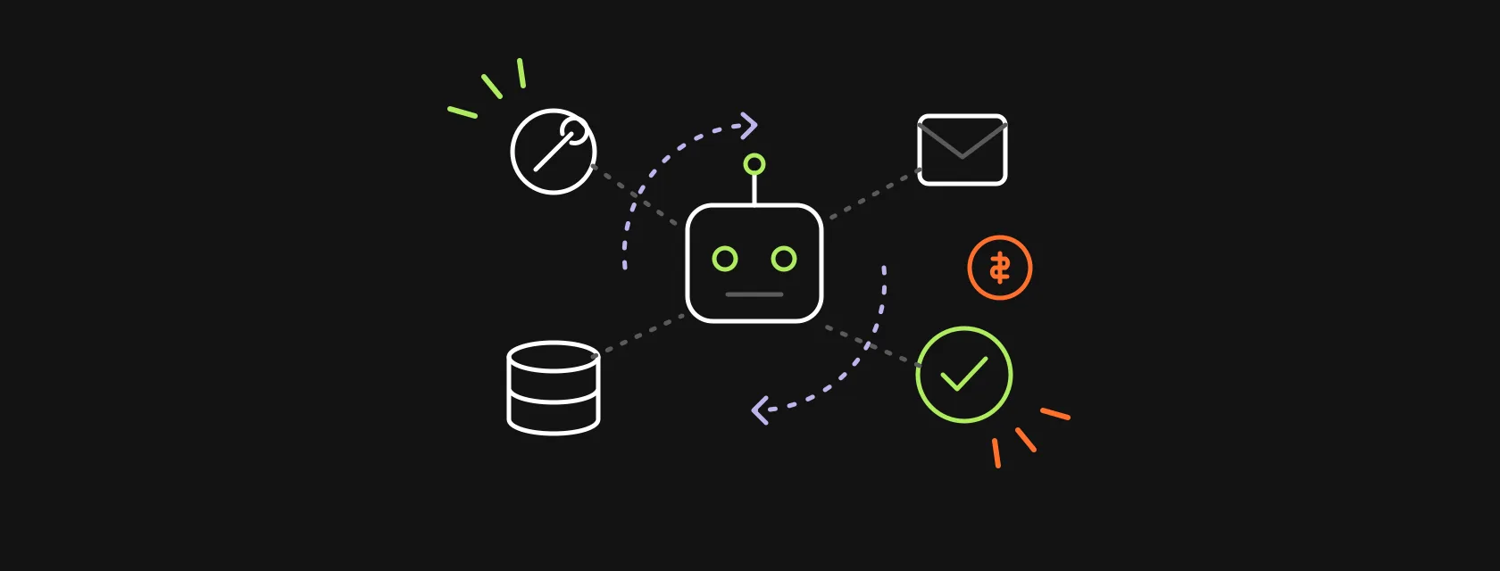 A robot arm connected to tool icons in a loop, with a coin and a checkmark marking each completed task