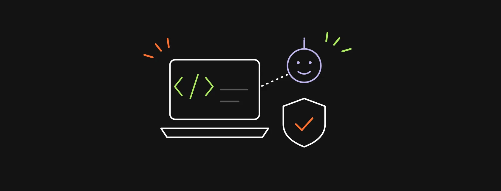 An engineer at a laptop with an AI assistant node connected to code blocks and a shield