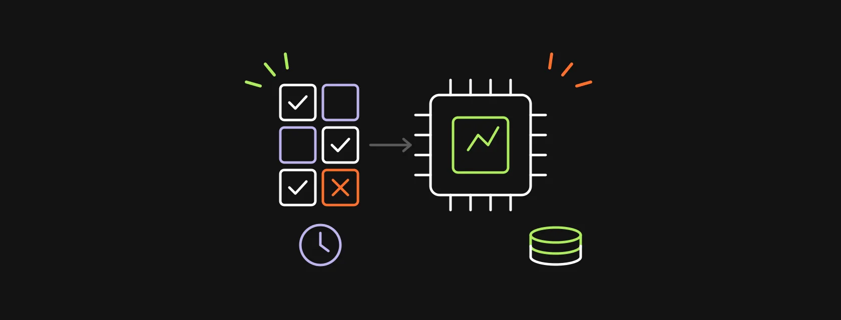 A GPU chip connected to a labeled dataset grid and a stack of coins