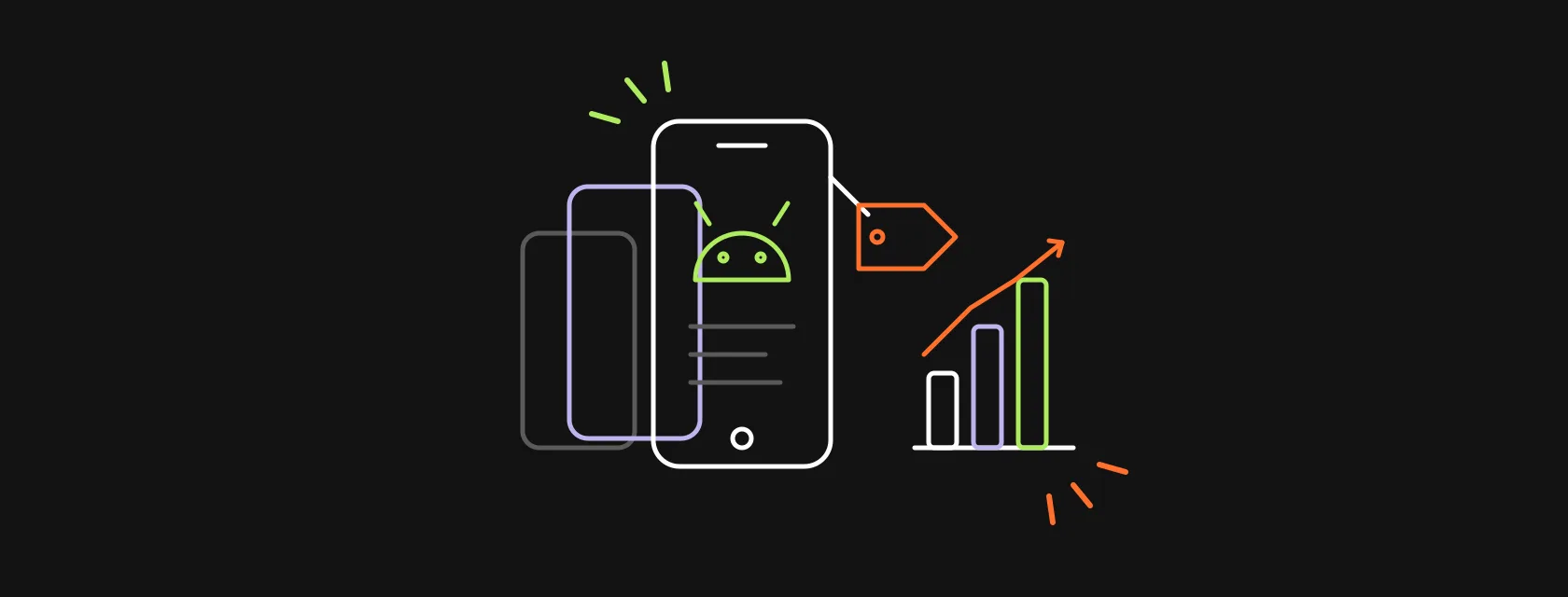 An Android phone with a price tag, a stack of devices of different sizes and a cost chart