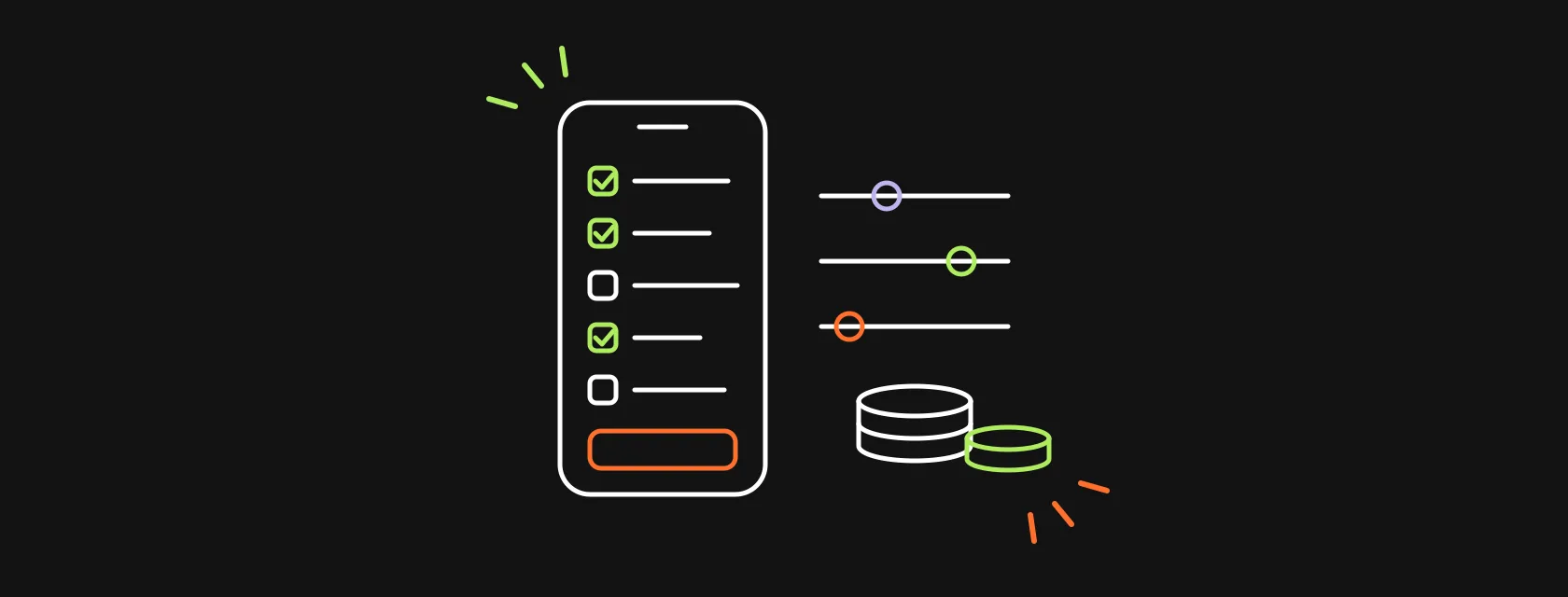 A phone screen with a checklist of features, sliders and a stack of coins next to it
