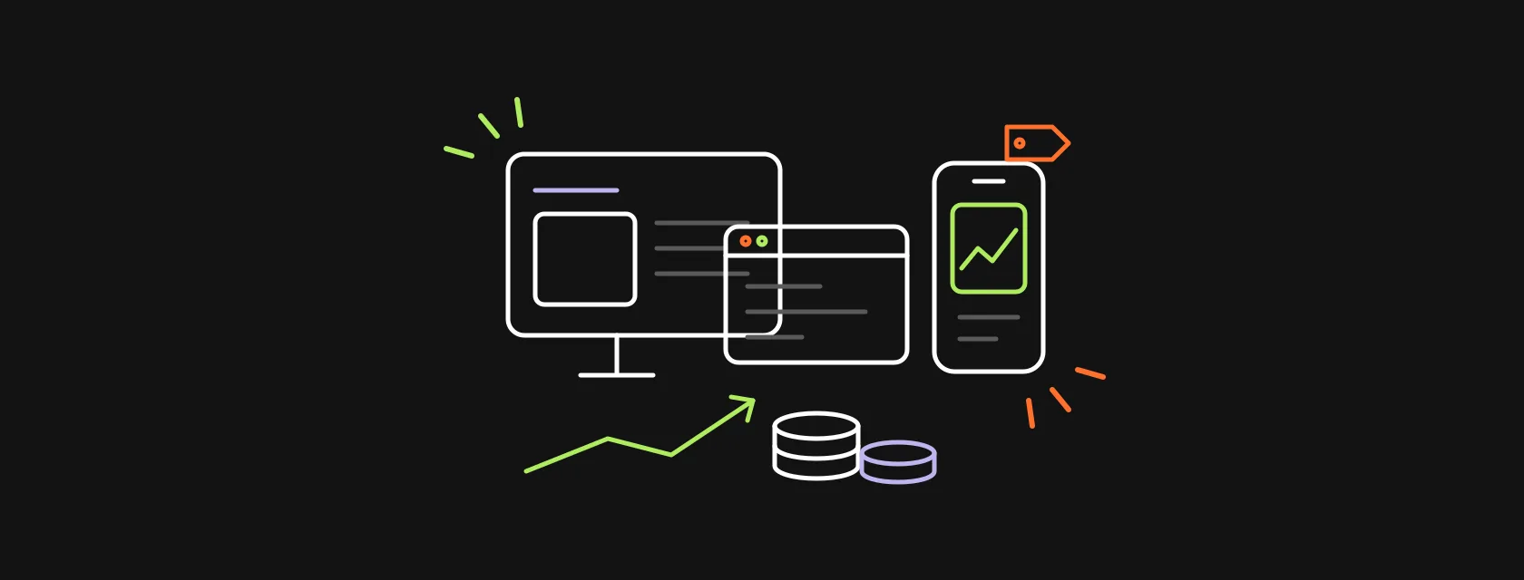A phone, a browser window and a desktop screen with price tags, coins and a rising cost line