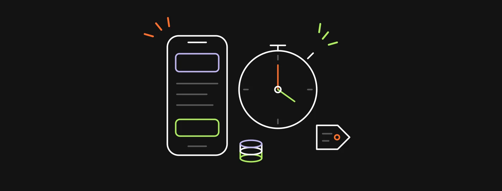 A smartphone next to a stopwatch, a price tag and a stack of coins