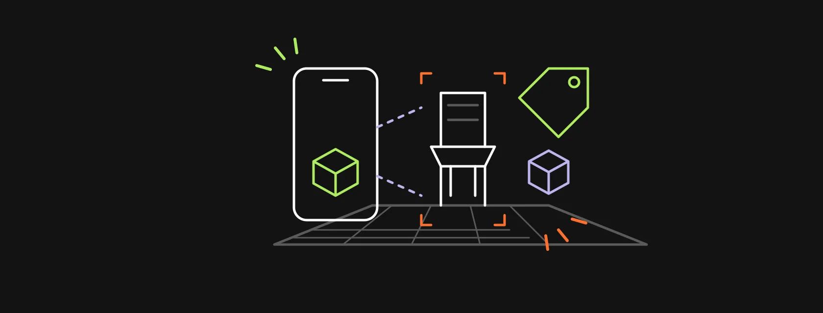 A phone projecting a 3D cube and a chair into a room, with a price tag and a tracking grid