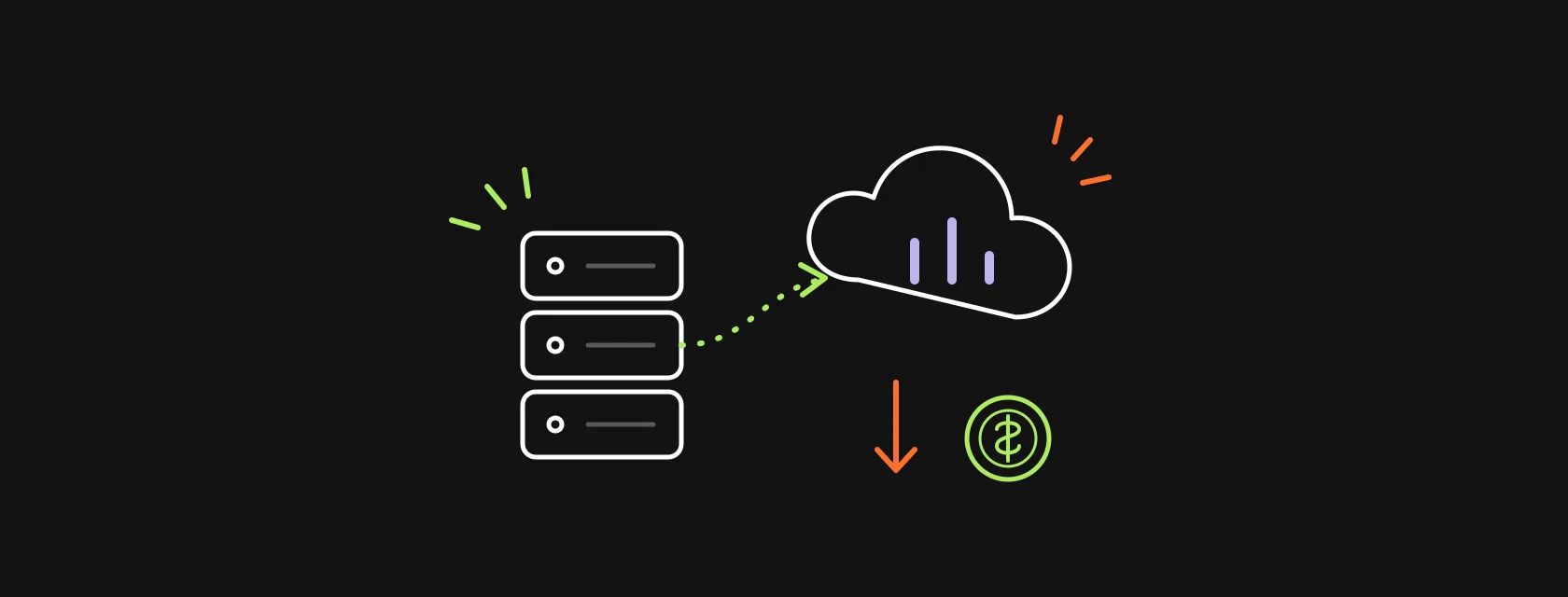 Server rack sending data along a path into a cloud, with a coin and a downward price arrow beside it