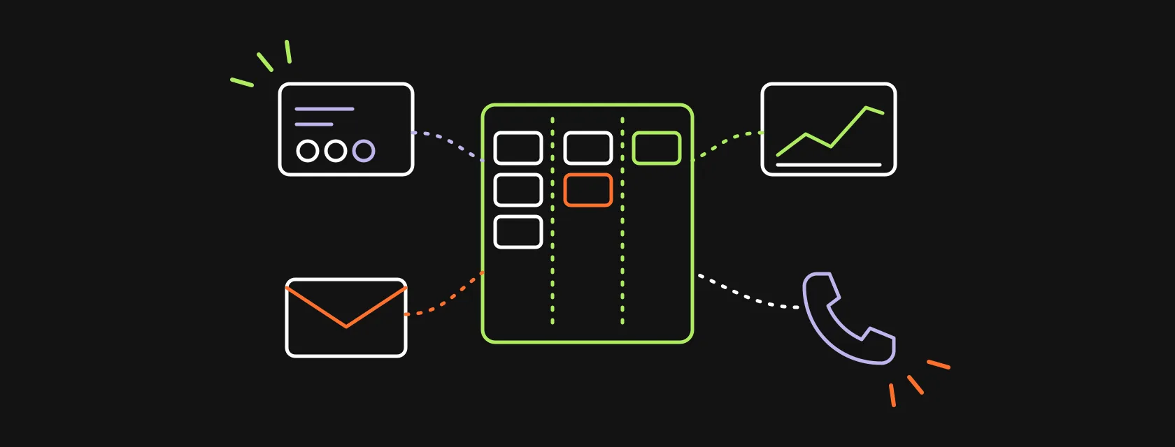 A sales pipeline funnel connected to an account card, a forecast chart, an email envelope and a phone, illustrating a B2B CRM