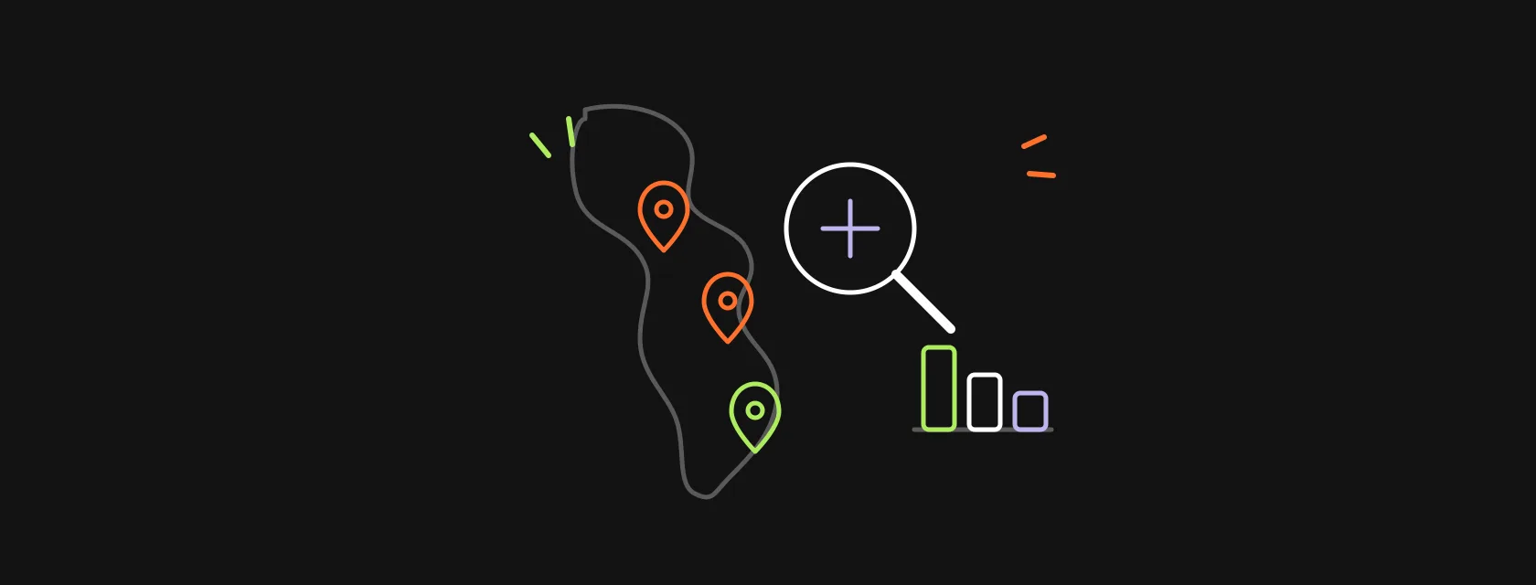 Map pins across the Americas with a magnifying glass and ranking bars