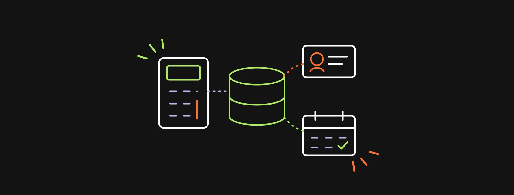 A calculator, a client contact card and a calendar connected to a central database, illustrating a CRM for accounting firms