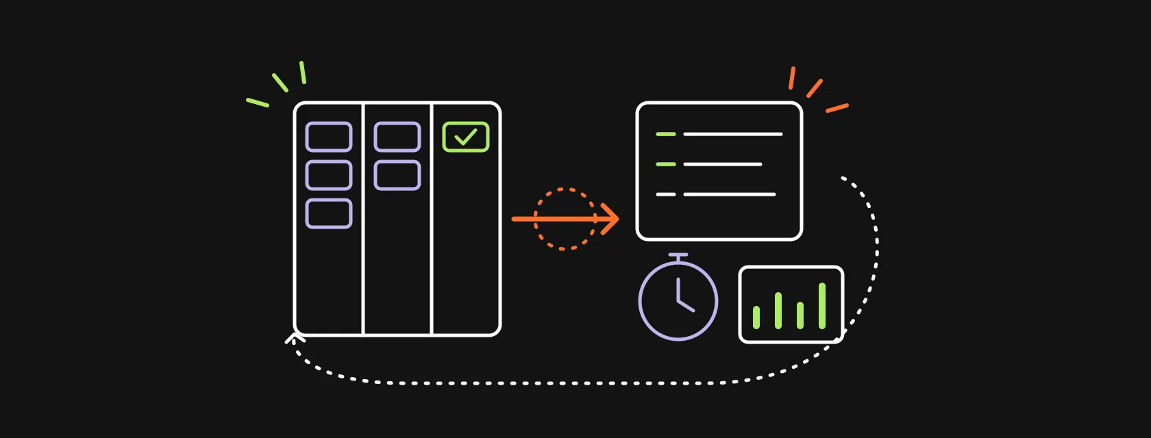 A deal pipeline flowing into a project board, a timer and a client report, illustrating a CRM connected to agency delivery