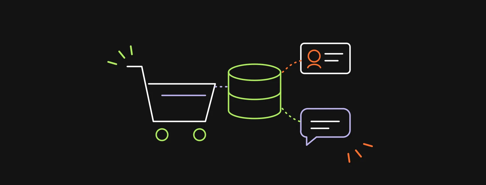 A shopping cart, a customer profile and message icons connected to a central database, illustrating a CRM for ecommerce