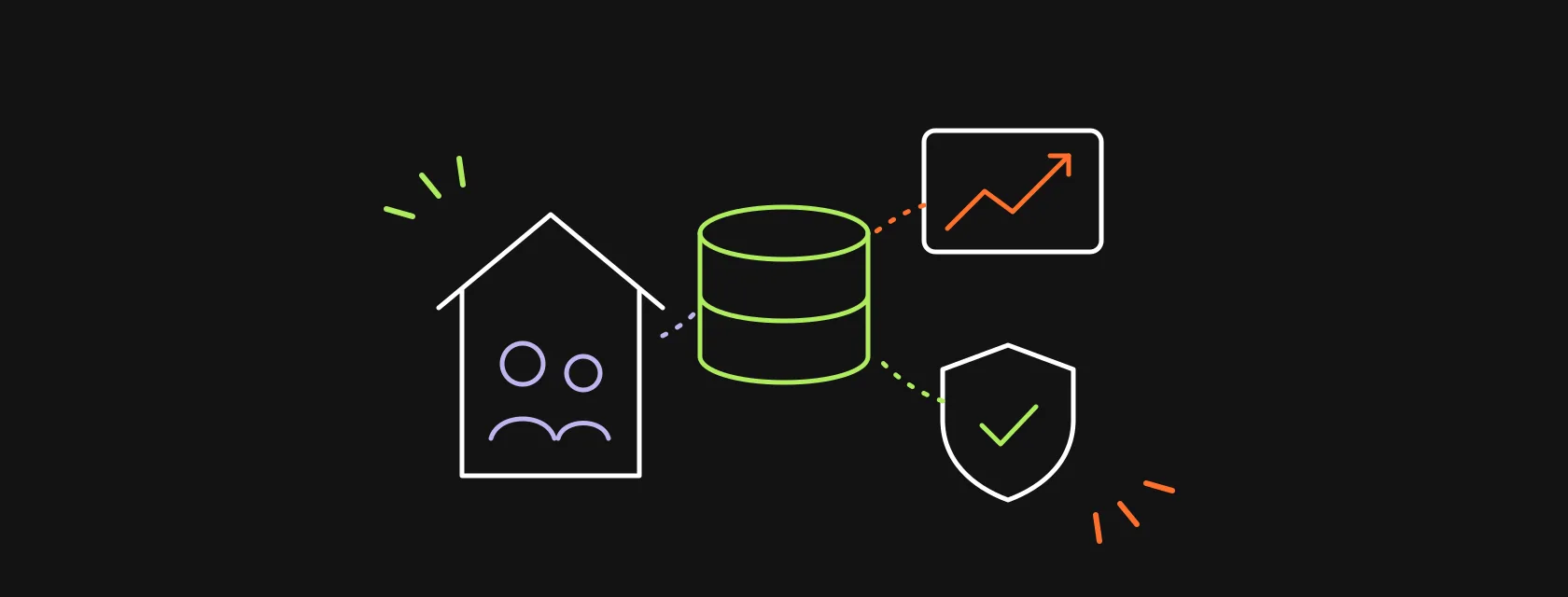 A household of client contacts connected to a central database, a portfolio chart and a shield, illustrating a CRM for financial advisors