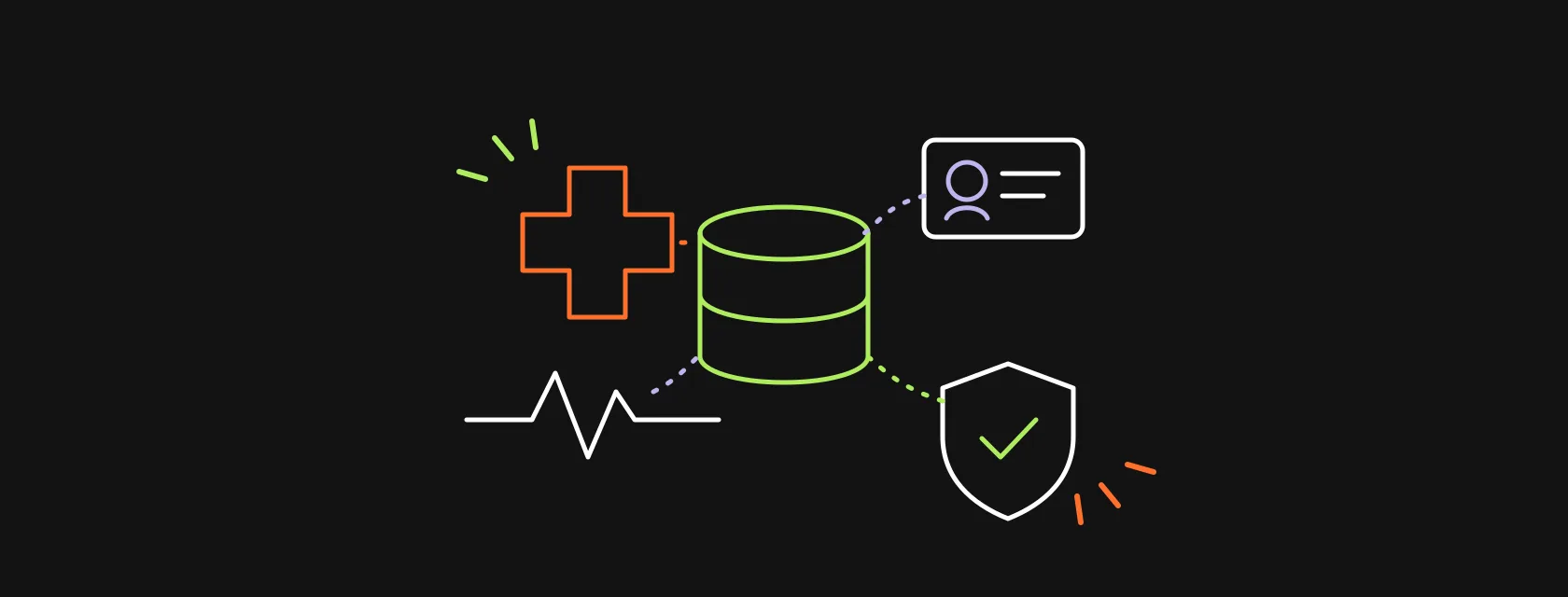 A medical cross, a shield and a contact card connected to a central database, illustrating a CRM for healthcare providers and life sciences teams