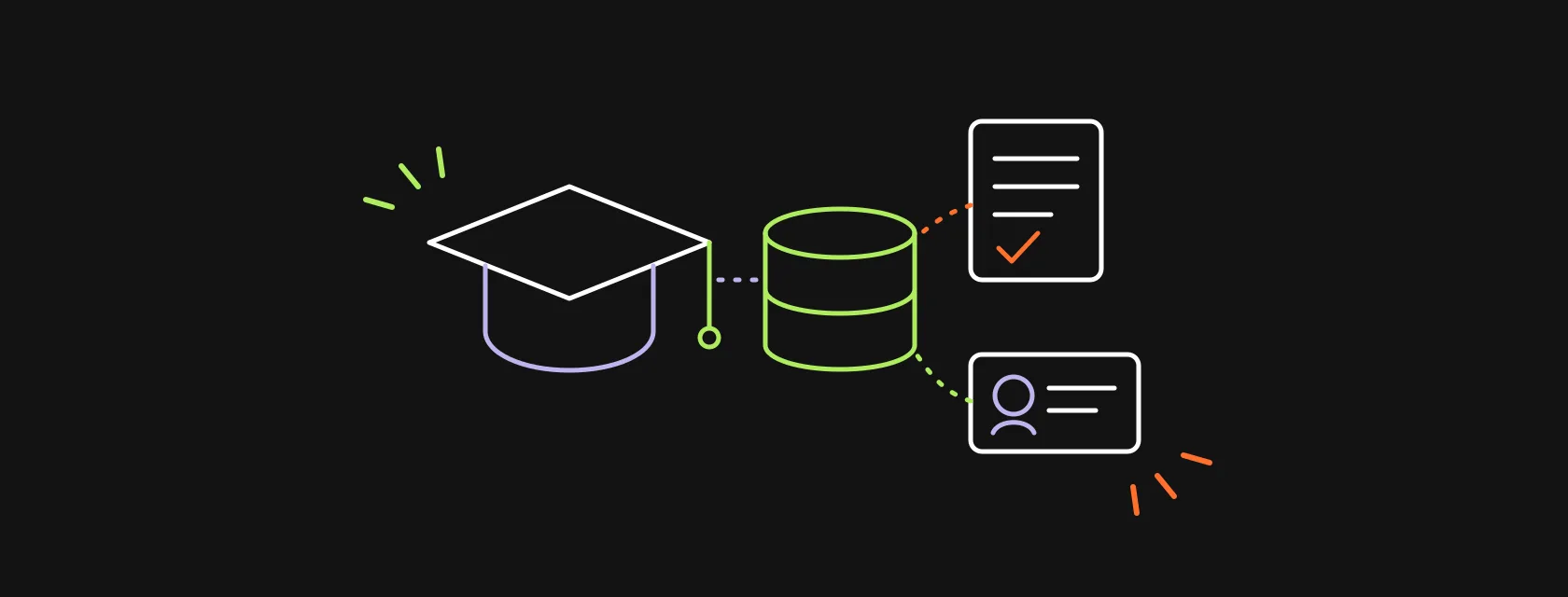 A graduation cap, an application form and a student contact card connected to a central database, illustrating a CRM for higher education