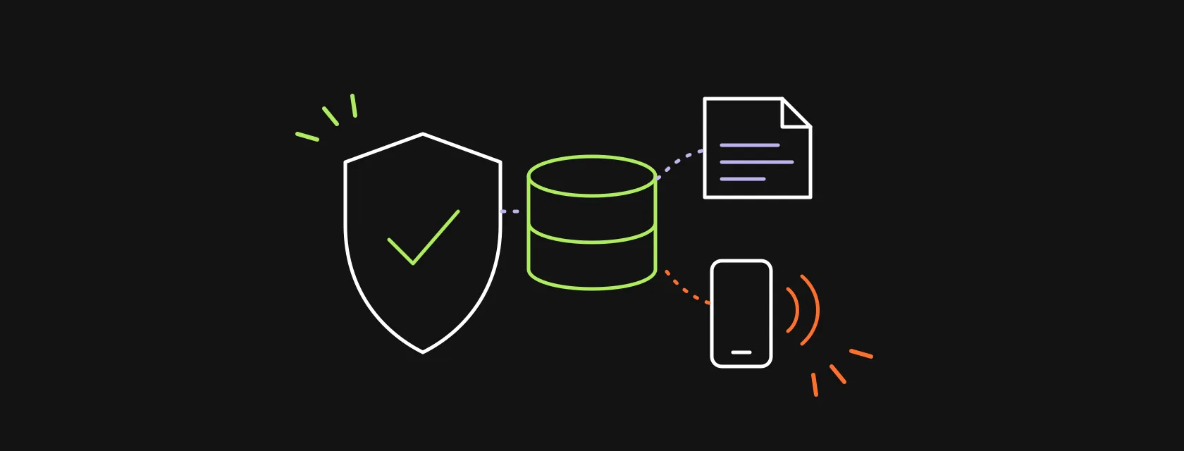 An insurance shield, a policy document and a phone connected to a central database, illustrating a CRM for insurance agents