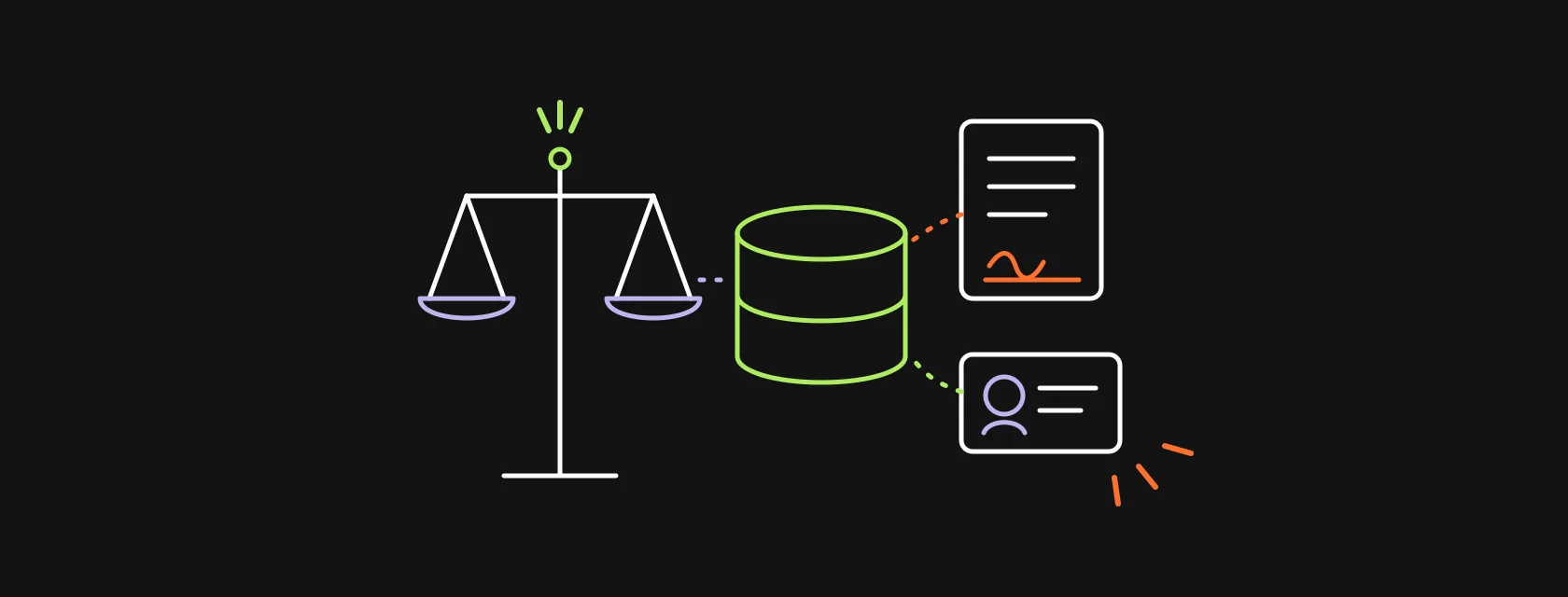 A scale of justice, an intake form with a signature line and a contact card connected to a central database, illustrating a CRM for law firms