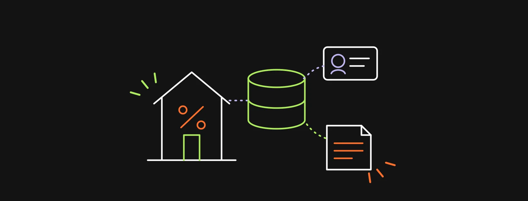 A house with a percent sign, a contact card and a loan document connected to a central database, illustrating a CRM for mortgage brokers