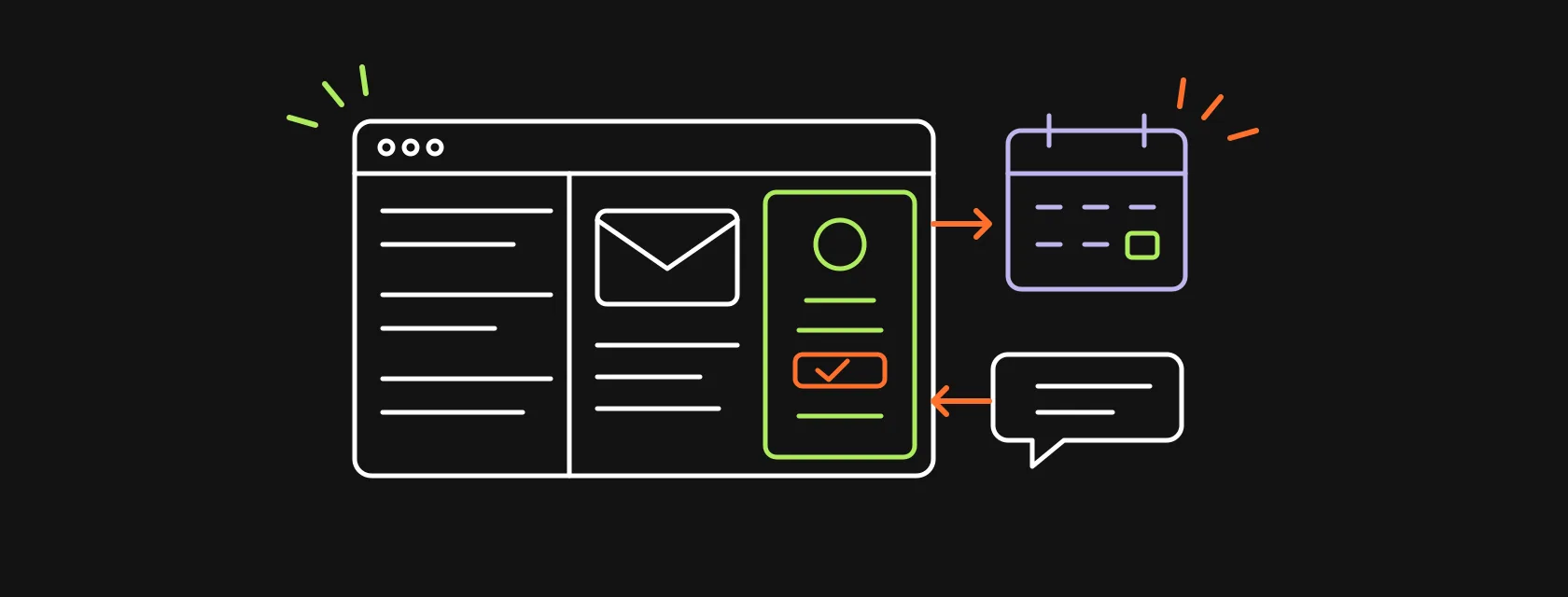 An Outlook-style inbox with a CRM side panel, a calendar and a Teams chat connected to a sales pipeline