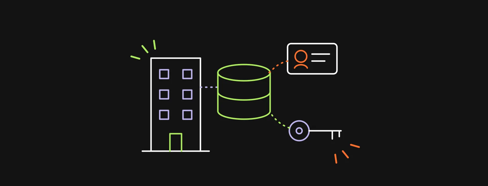 A building, a key and a contact card connected to a central database, illustrating a CRM for property management