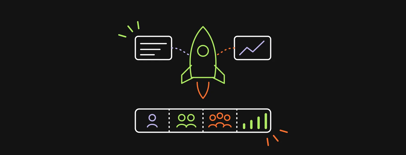 A rocket rising over a sales pipeline that grows from one founder to a small sales team, illustrating how startups choose a CRM
