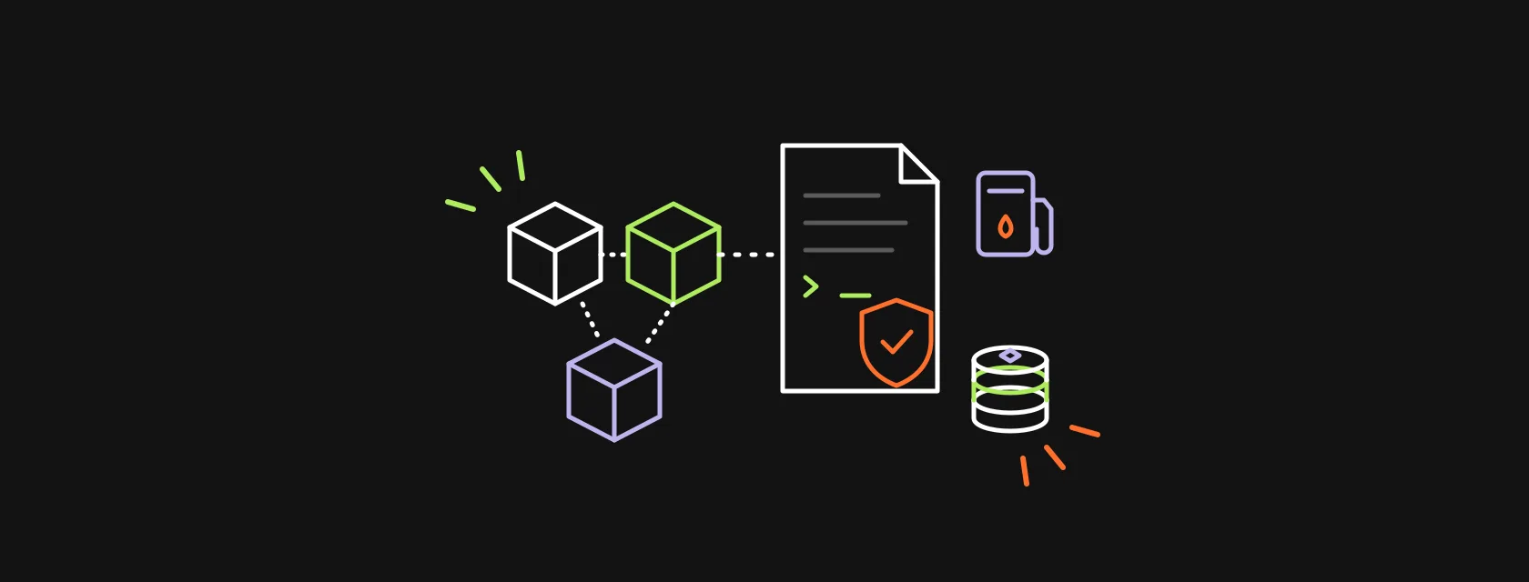 Linked blocks, a smart contract with a shield and stacked coins on a dark background
