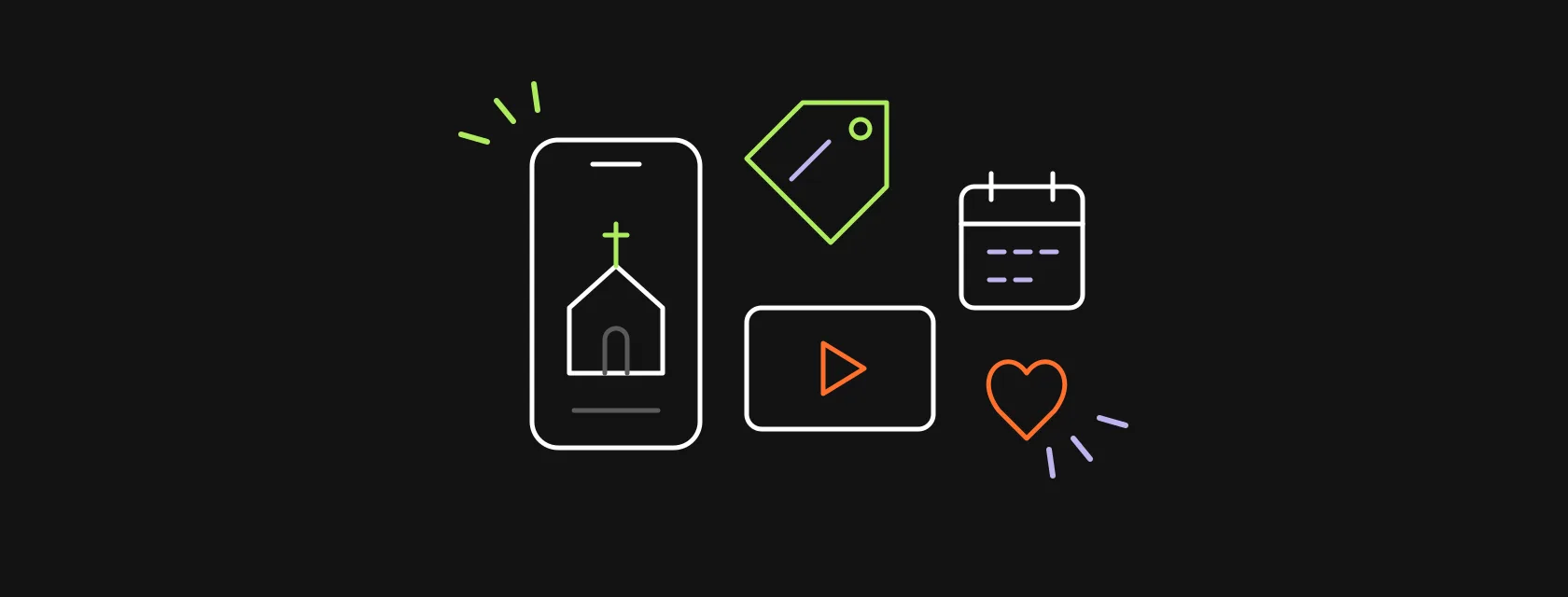 A phone showing a church building icon and a play button, a donation heart and a calendar next to a price tag