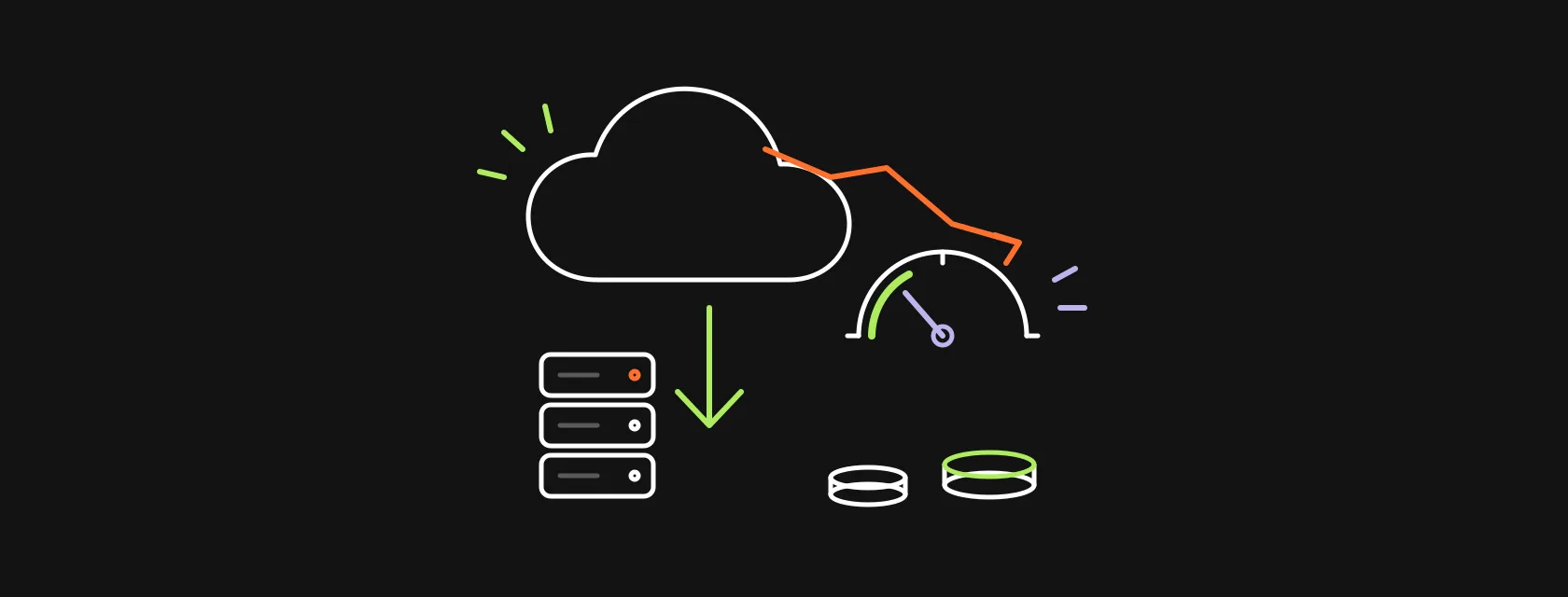 Cloud with a downward cost arrow, a gauge, server stacks and coins on a dark background