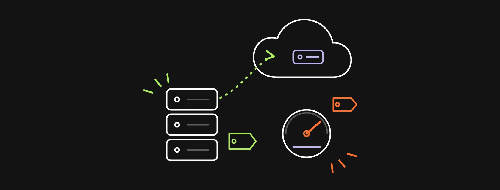 Server rack lifting into a cloud along a dotted path with two price tags and a dual-running meter