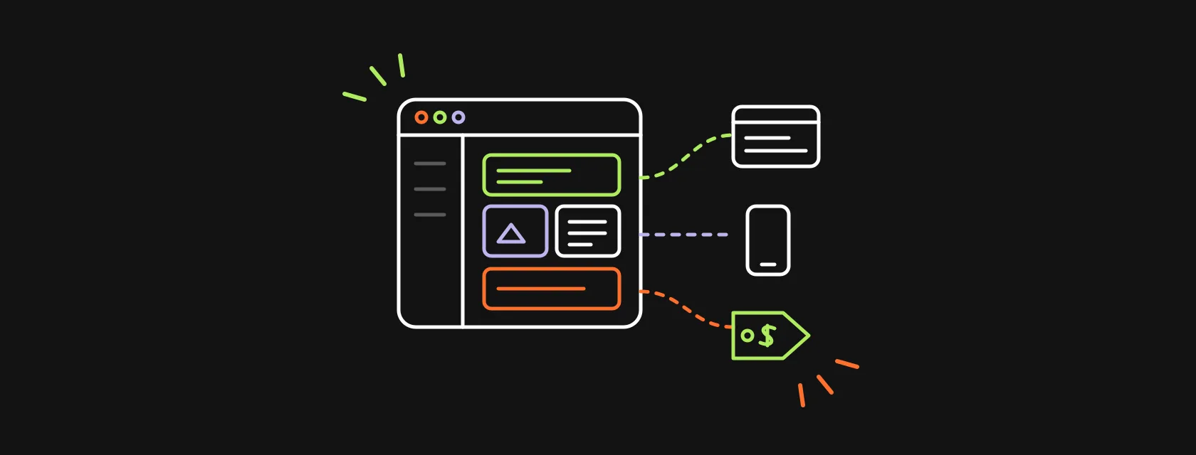 Editor window with content blocks feeding a website, a phone and a price tag through API lines