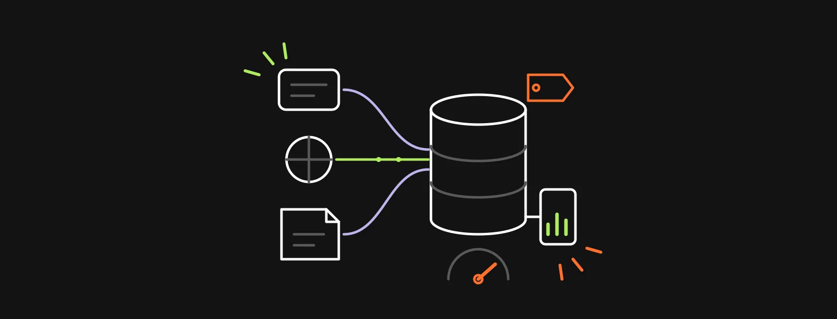 Several data sources flowing through pipes into a central warehouse cylinder with a price tag and a gauge