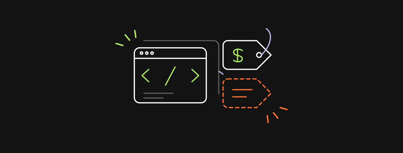 A price tag split into a large visible part and a smaller hidden part beside a stack of code windows
