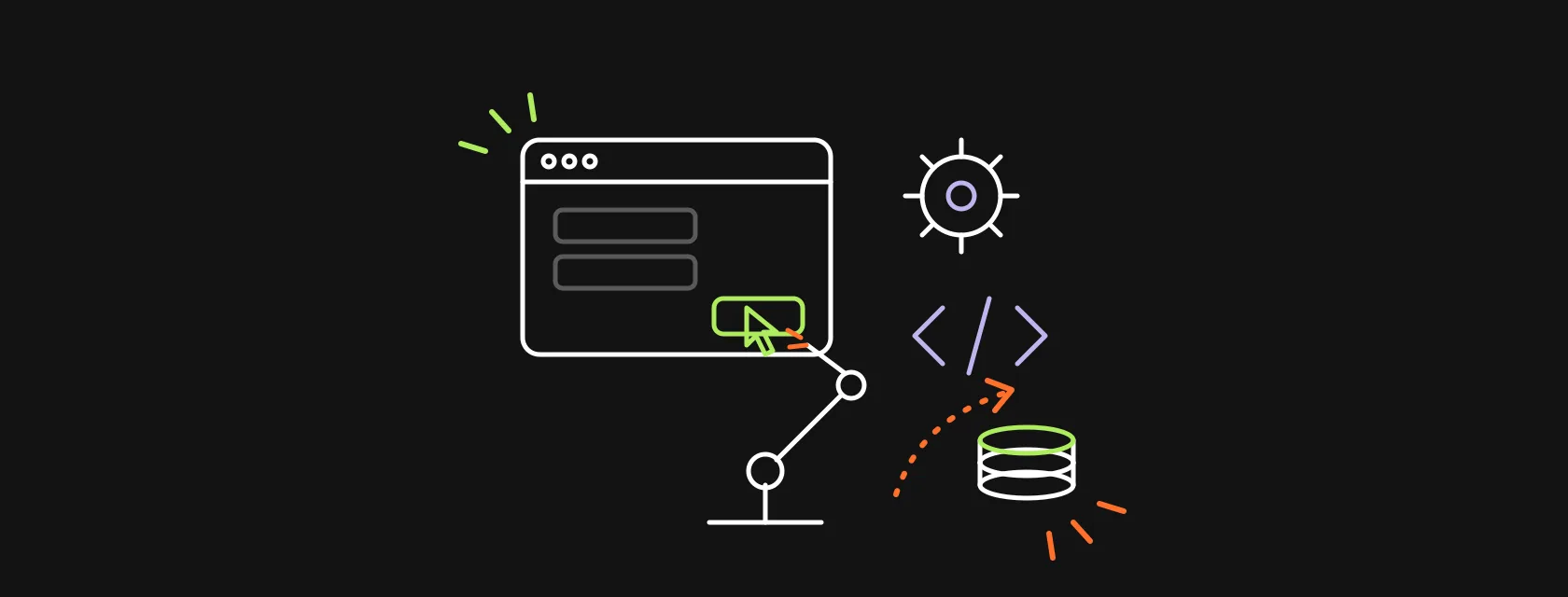 A robot arm clicking a desktop window next to a gear, a code bracket and a coin stack with a payback arrow