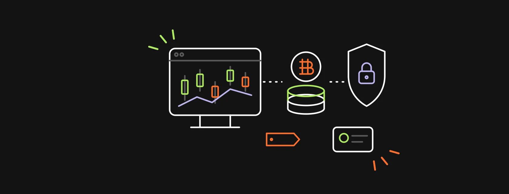 A trading chart, a coin wallet and a shield with a lock connected by lines