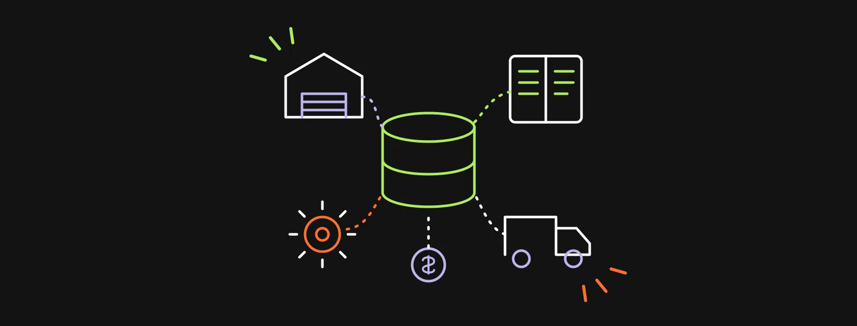 Line icons of a warehouse, a factory gear, a ledger and a delivery truck connected to a central database