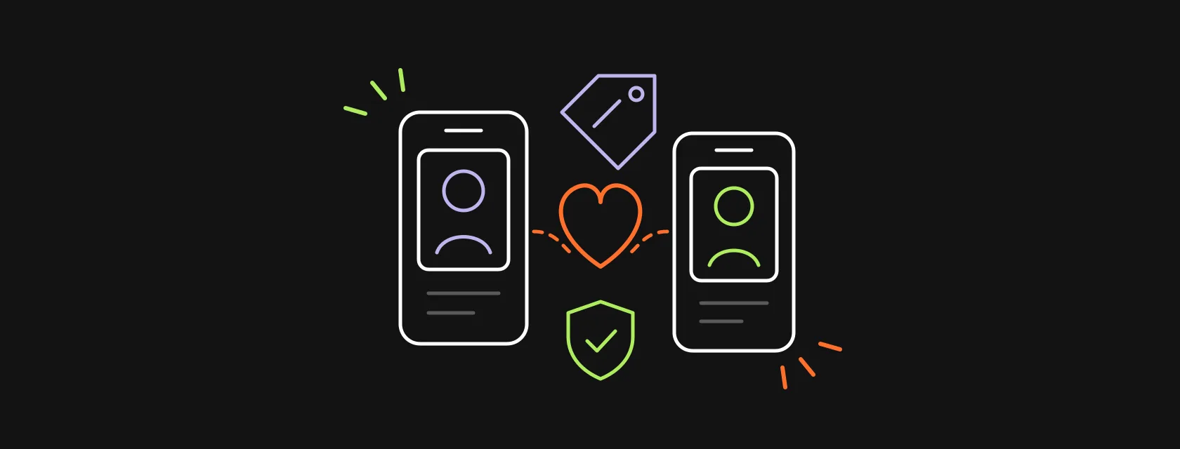 Two phones with profile cards joined by a heart, a shield and a price tag