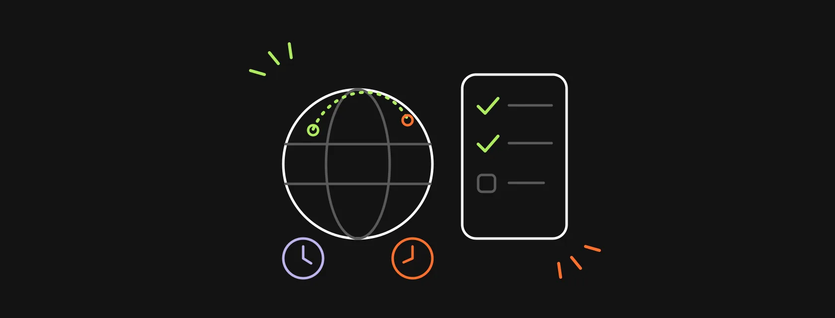 A globe with two clocks and a checklist connecting a US office to a remote team