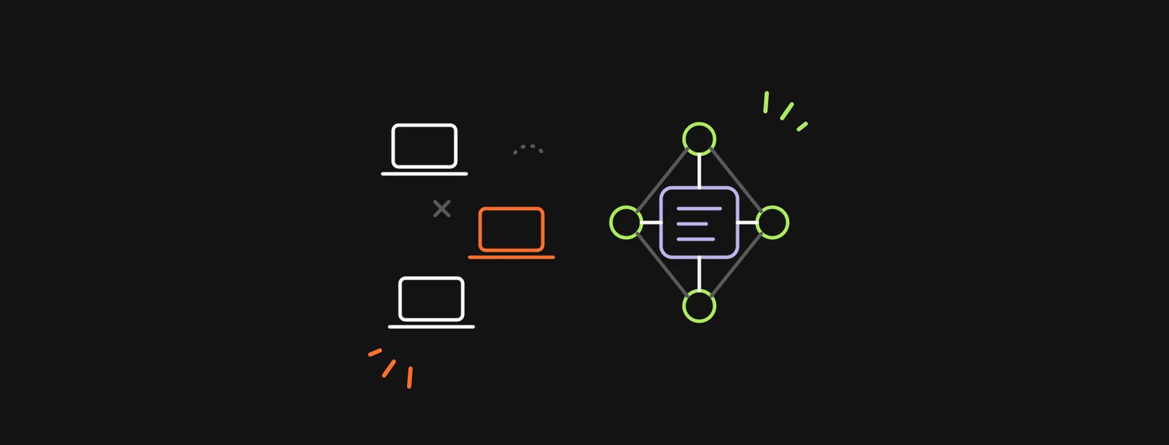 Scattered individual laptops on one side and a connected team around one product on the other
