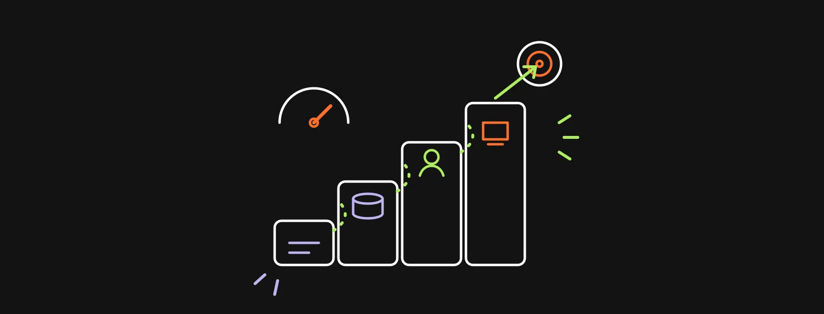 Connected blocks for systems, data and people climbing a staircase toward a target, with a budget gauge