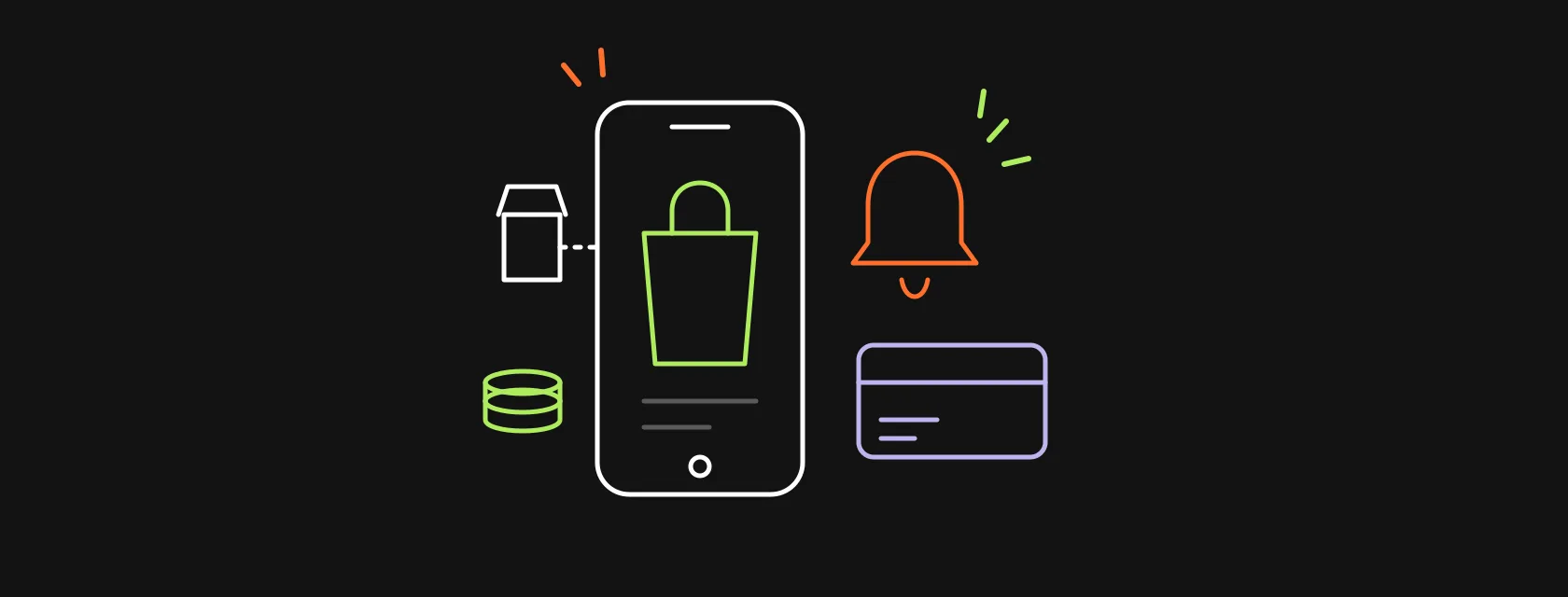 A smartphone with a shopping bag on screen, a push notification bell, a wallet card and coins on a dark background