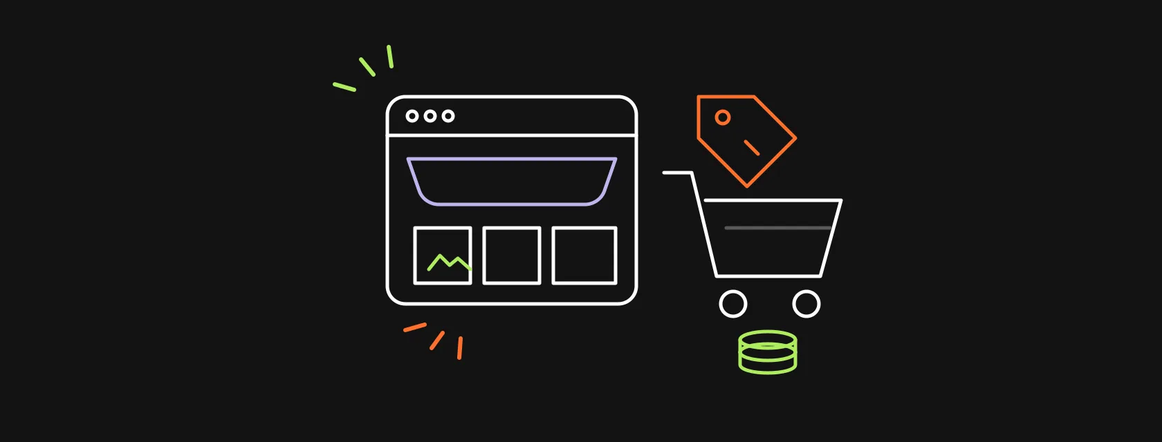 A shopping cart, a storefront window and a price tag connected to gears and a database