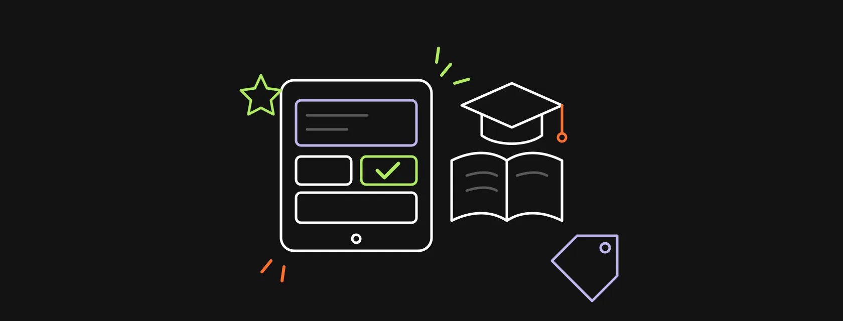A tablet with a lesson screen, a star badge, an open book and a graduation cap next to a price tag