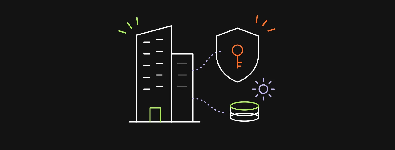 An office tower connected to a shield, a key and a stack of coins, illustrating the cost of building an enterprise application