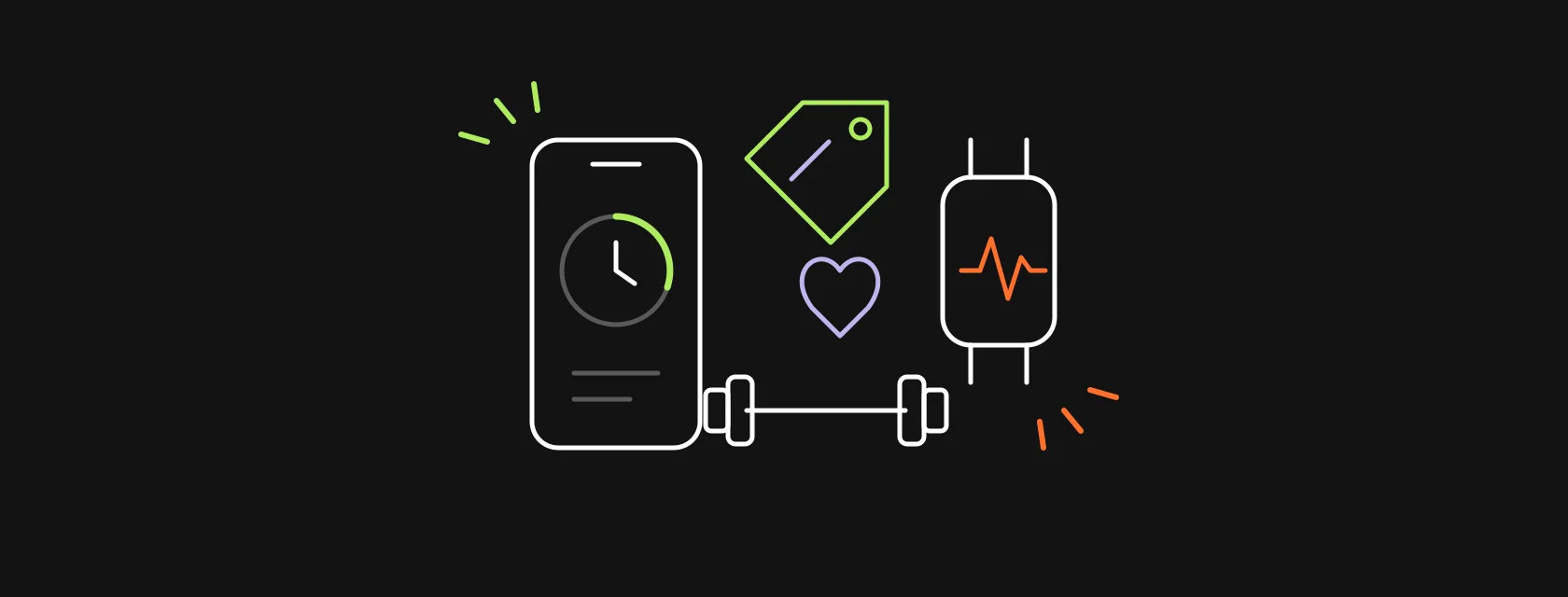 A phone with a workout timer, a smartwatch with a heart rate line and a dumbbell next to a price tag