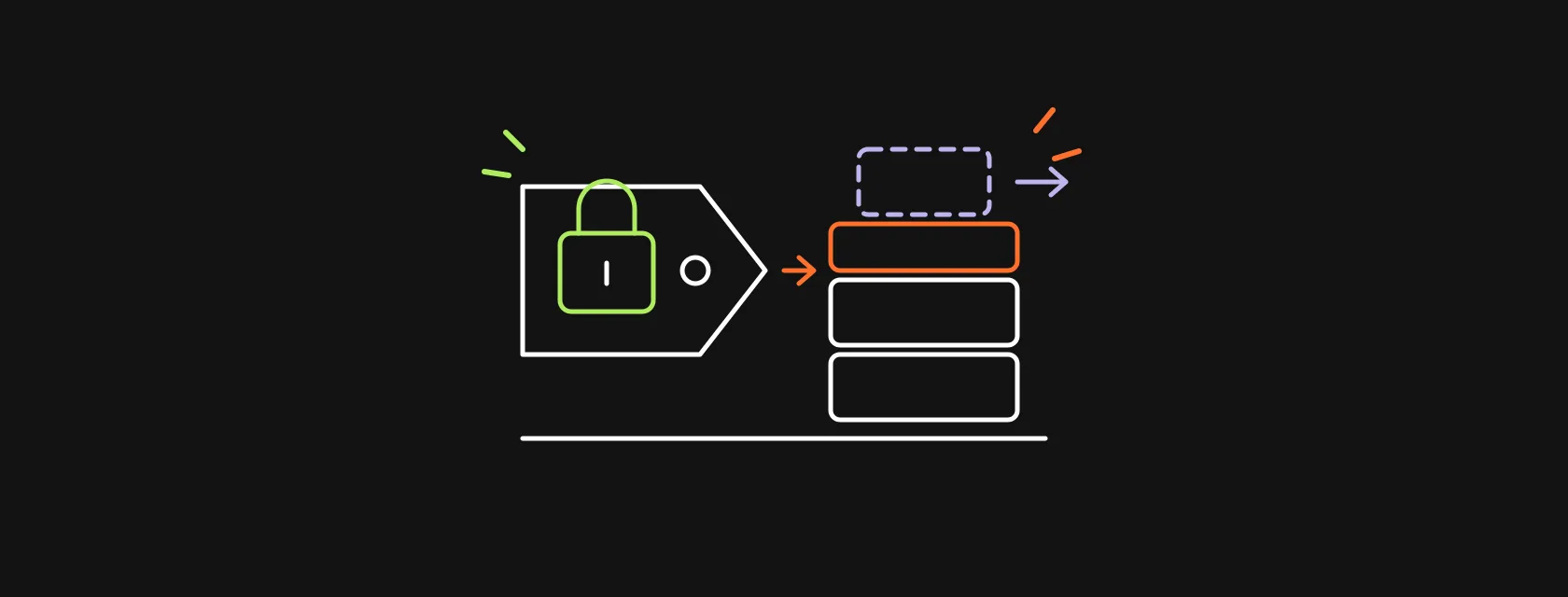 A padlock on a price tag next to a stack of blocks with a buffer layer and a branching change request arrow