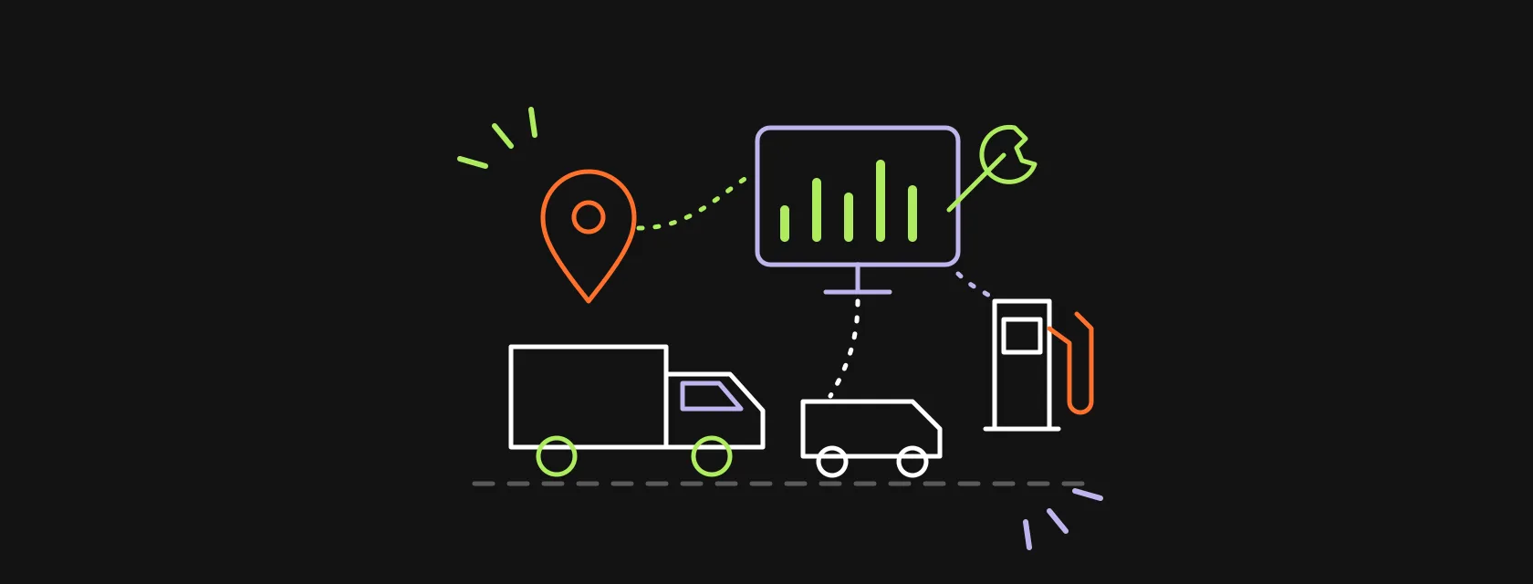 A truck and a van connected to a map pin, a fuel pump, a wrench and a dashboard screen