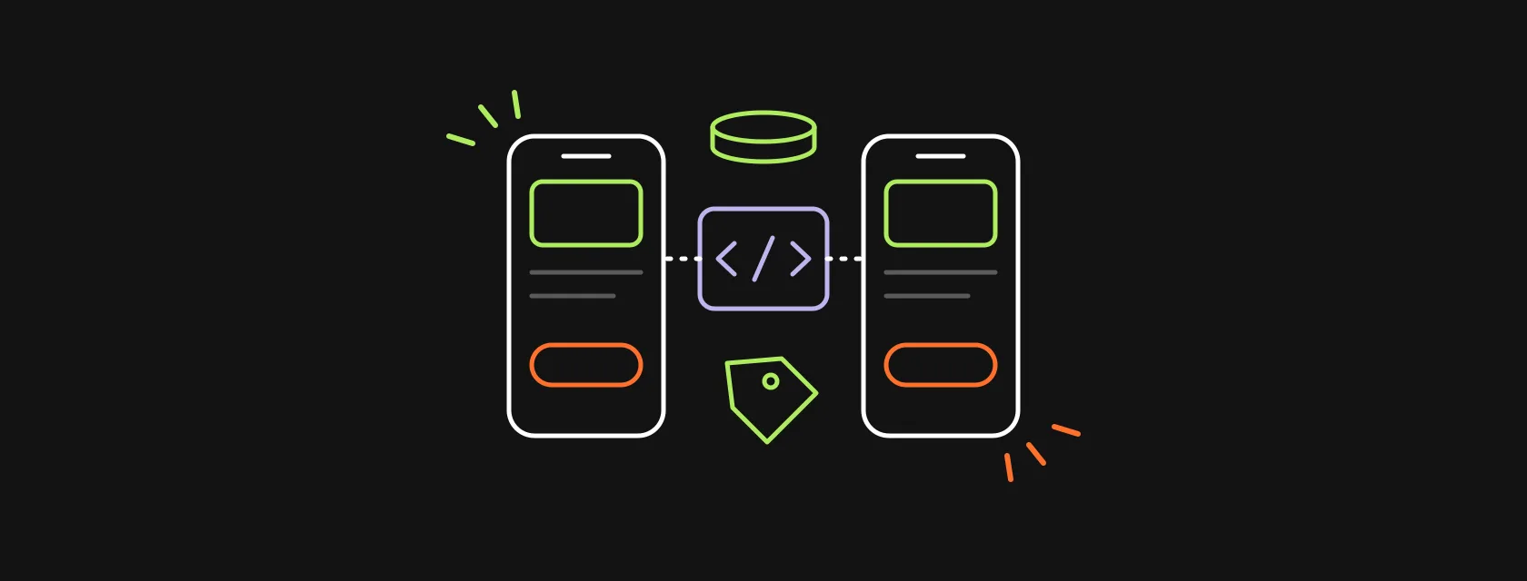 Two phones sharing one code block, with a price tag and stacked coins