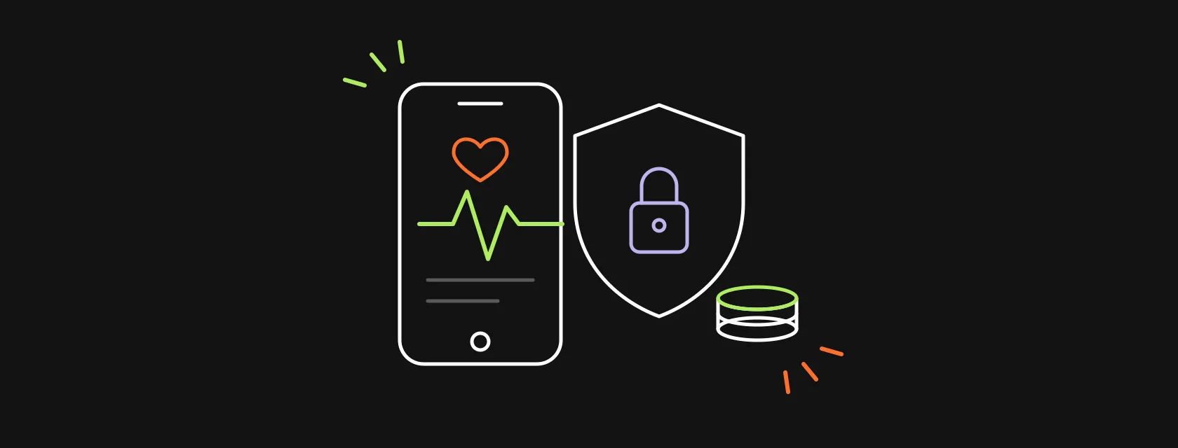 A phone with a pulse line, a lock shield and a coin, illustrating the cost of building a compliant healthcare app