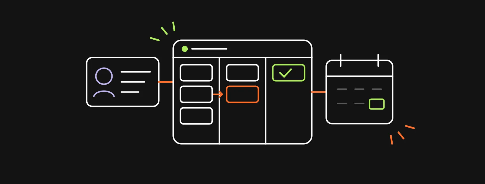 A contact card, a deal pipeline board and a calendar connected to a central database, illustrating how to build a CRM app