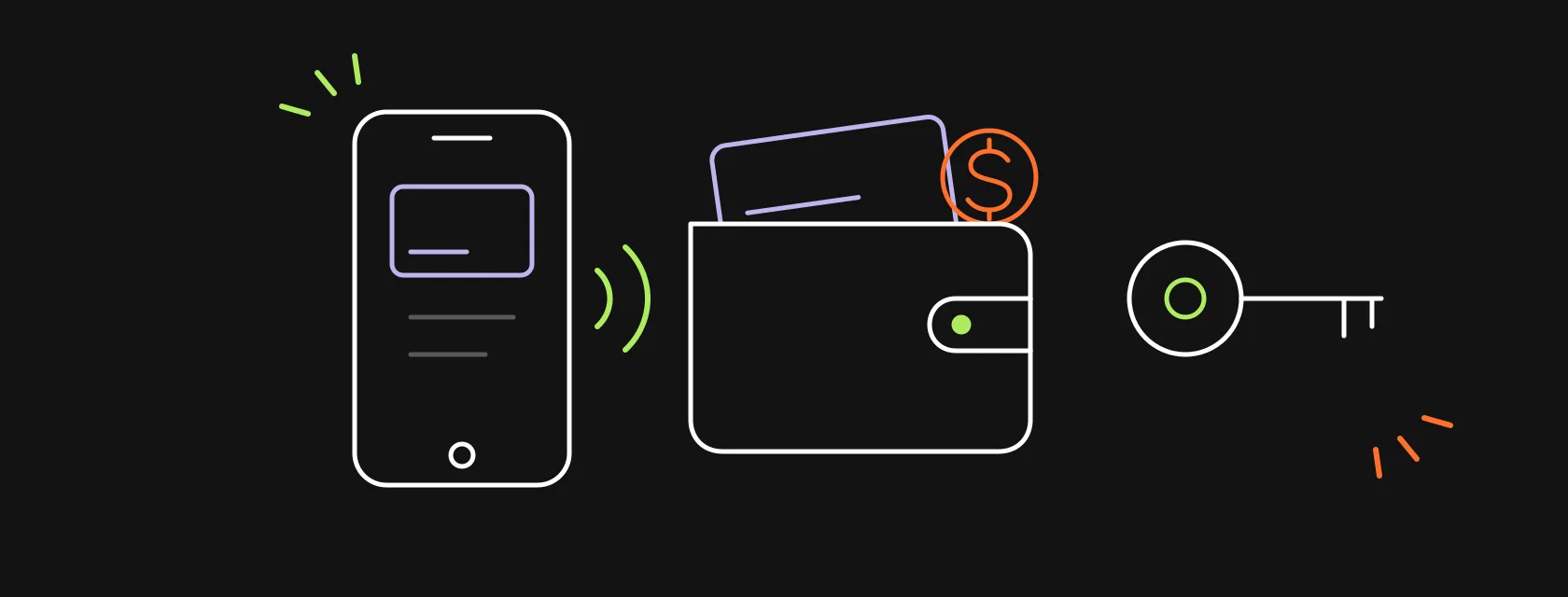 A wallet with a card and a coin, a phone with a contactless payment signal and a key, illustrating how to build a digital wallet app