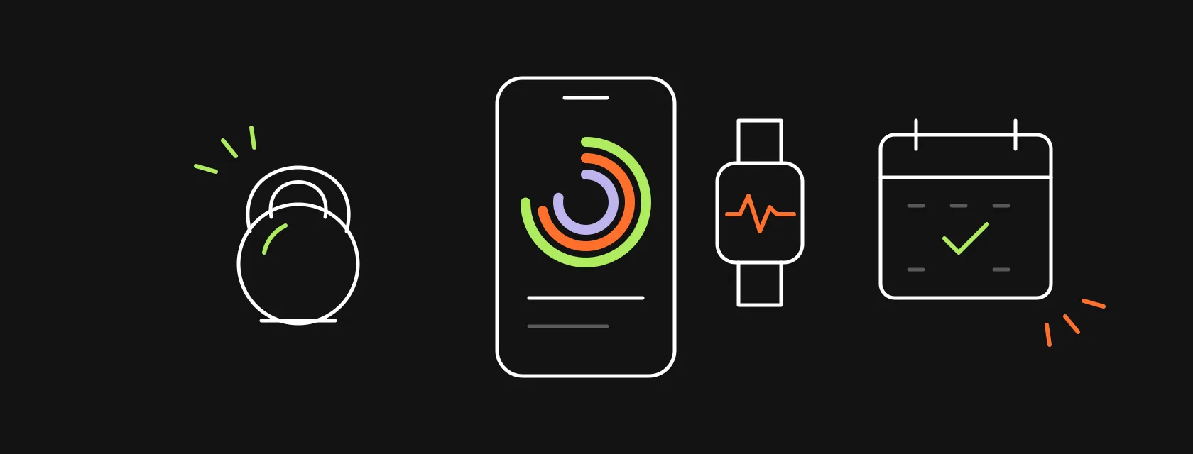 A phone with activity rings, a smartwatch with a heart rate line, a kettlebell and a class booking calendar, illustrating how to build a fitness app